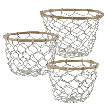 Round Fishnet Wire And Wood Baskets - Set of 3 Park Designs - The Fox Decor
